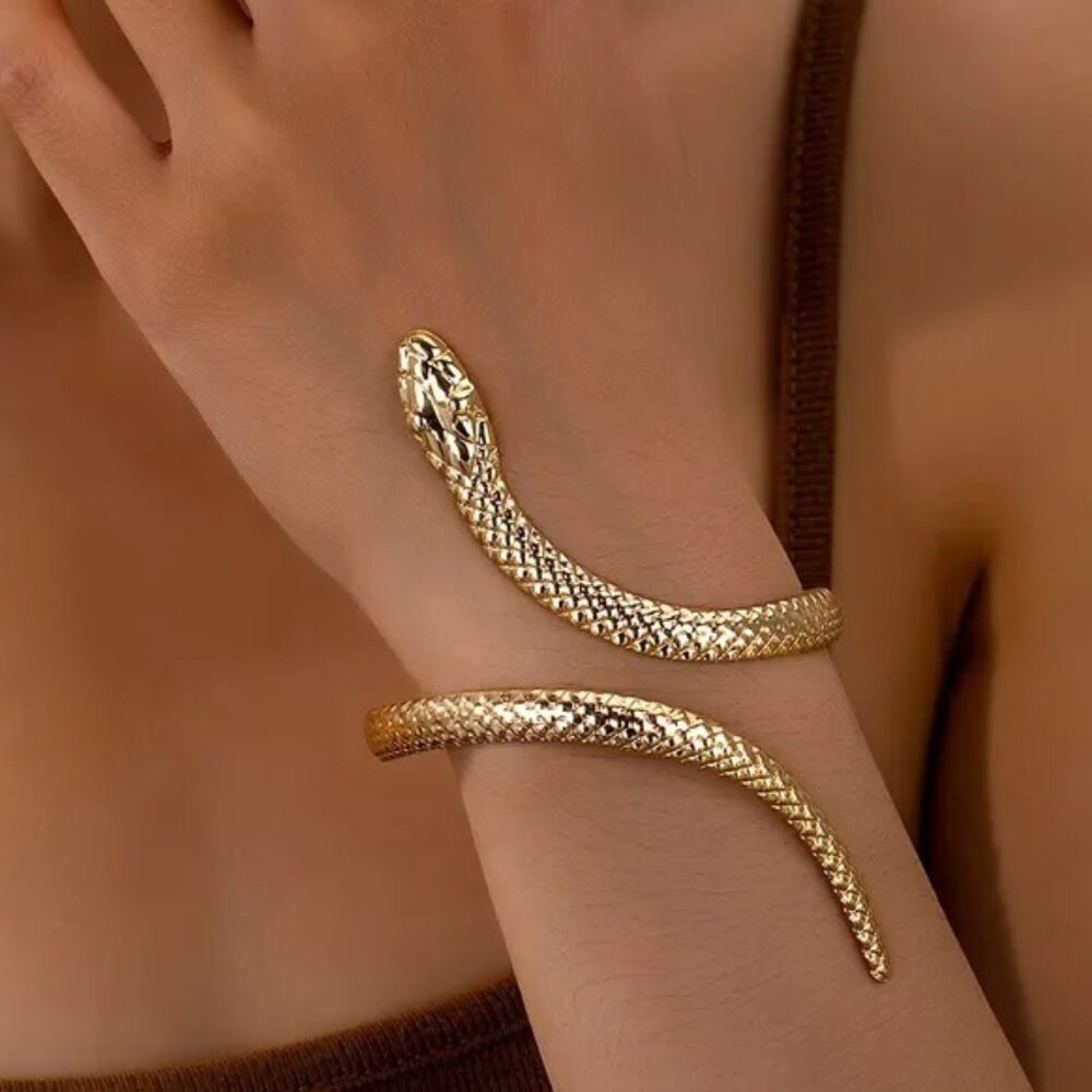 3/$35 Gold Tone Textured Snake Metal Bracelet Cuff Bangle Wrap Statement Jewelry